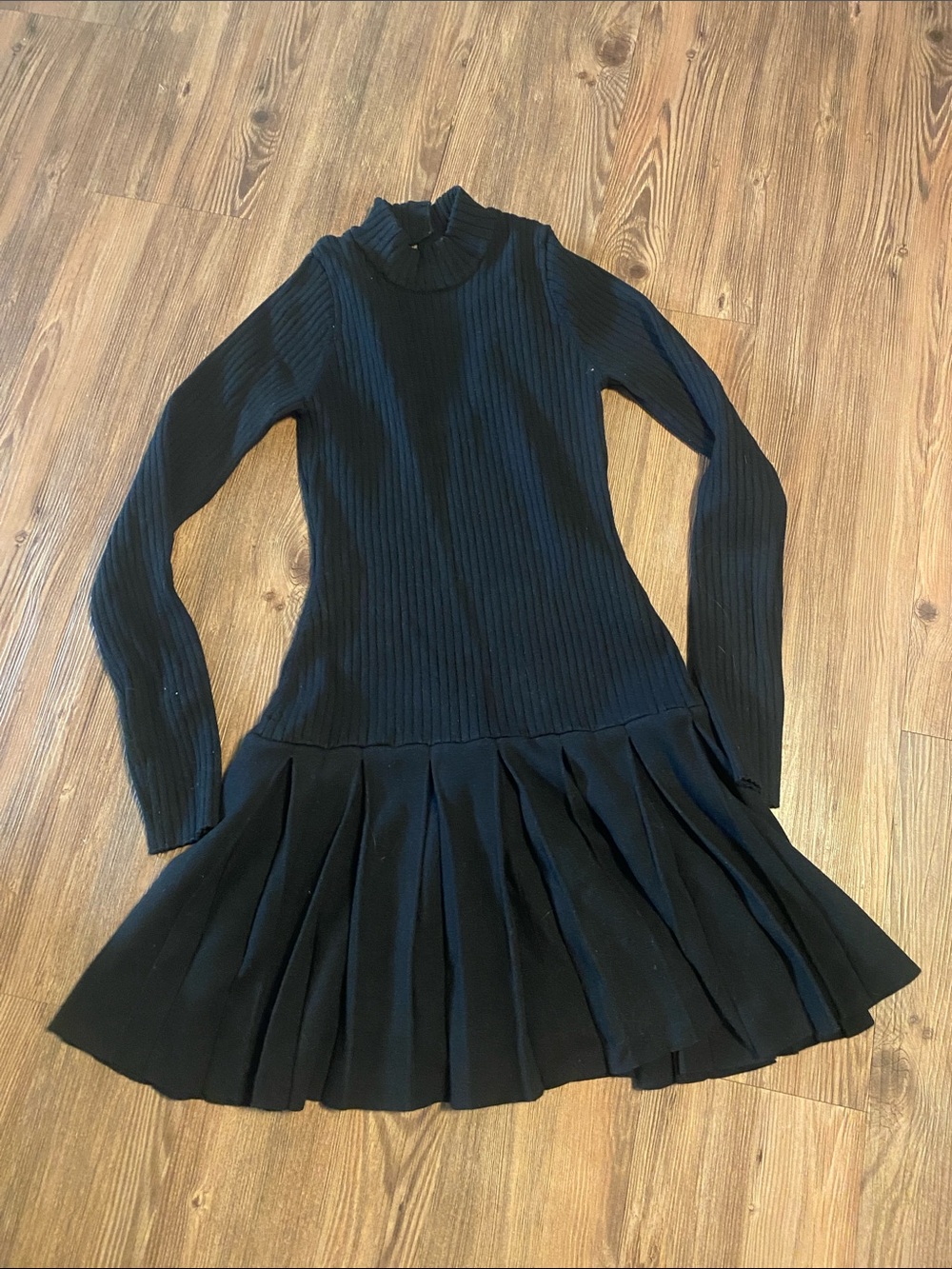 Free People Black Ribbed Long-Sleeve Pleated-Skirt Dress